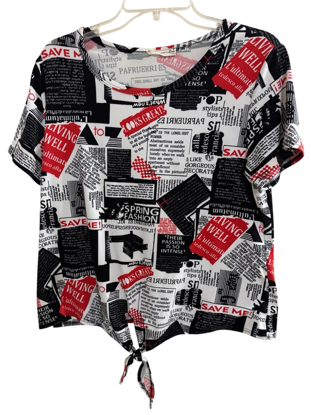 Newspaper print tie front blouse size L